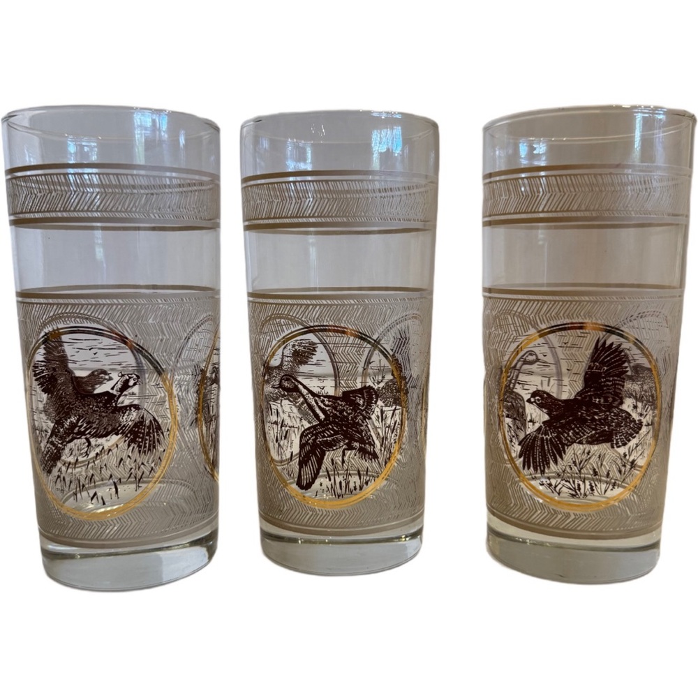 3 VTG 1970s MCM Libbey Highball Pheasant Glasses Game birds Brown Gold